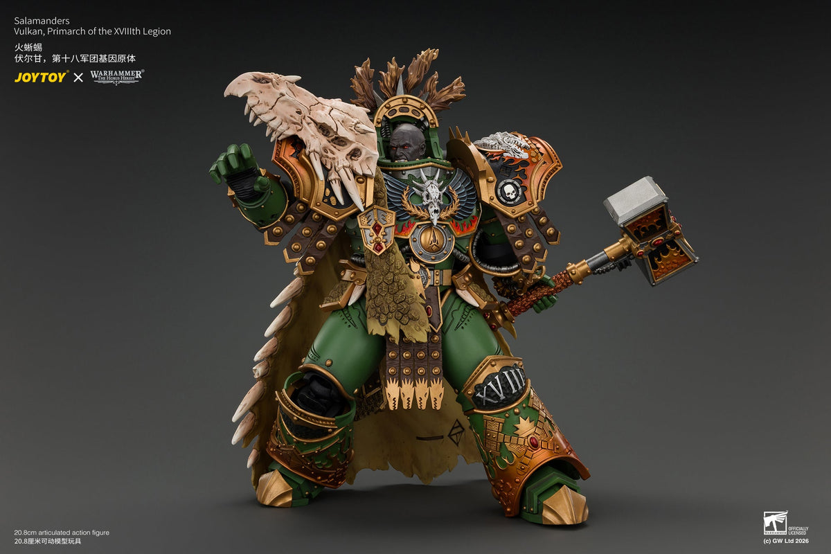 (15/10) Salamanders Vulkan, Primarch of the XVlllth Legion with Dawnbringer, The Furnace's Heart and Dragon's Breath Gauntlet - Warhammer 30k 1/18 Action Figure By JOYTOY