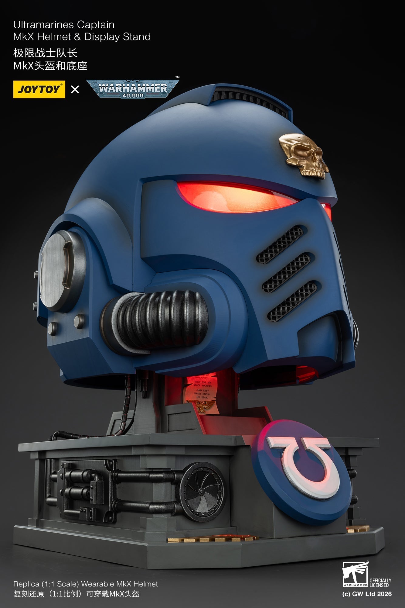 (15 MAR CUTOFF) Ultramarines Captain MkX Helmet & Display Stand- Warhammer 40k 1/1 Action Figure By JOYTOY