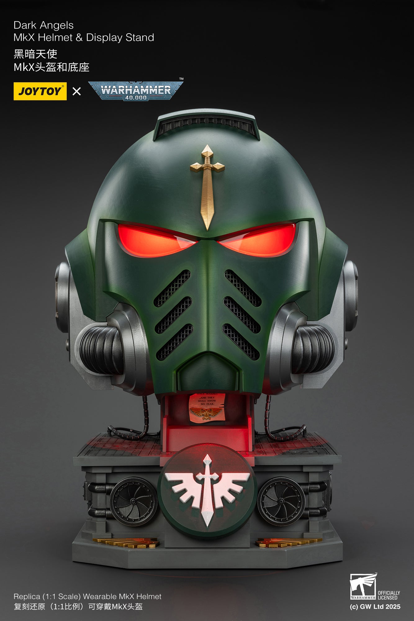 Dark Angels MkX 1:1 Helmet & Display Stand - 1/1 Warhammer 40K Helmet By JOYTOY