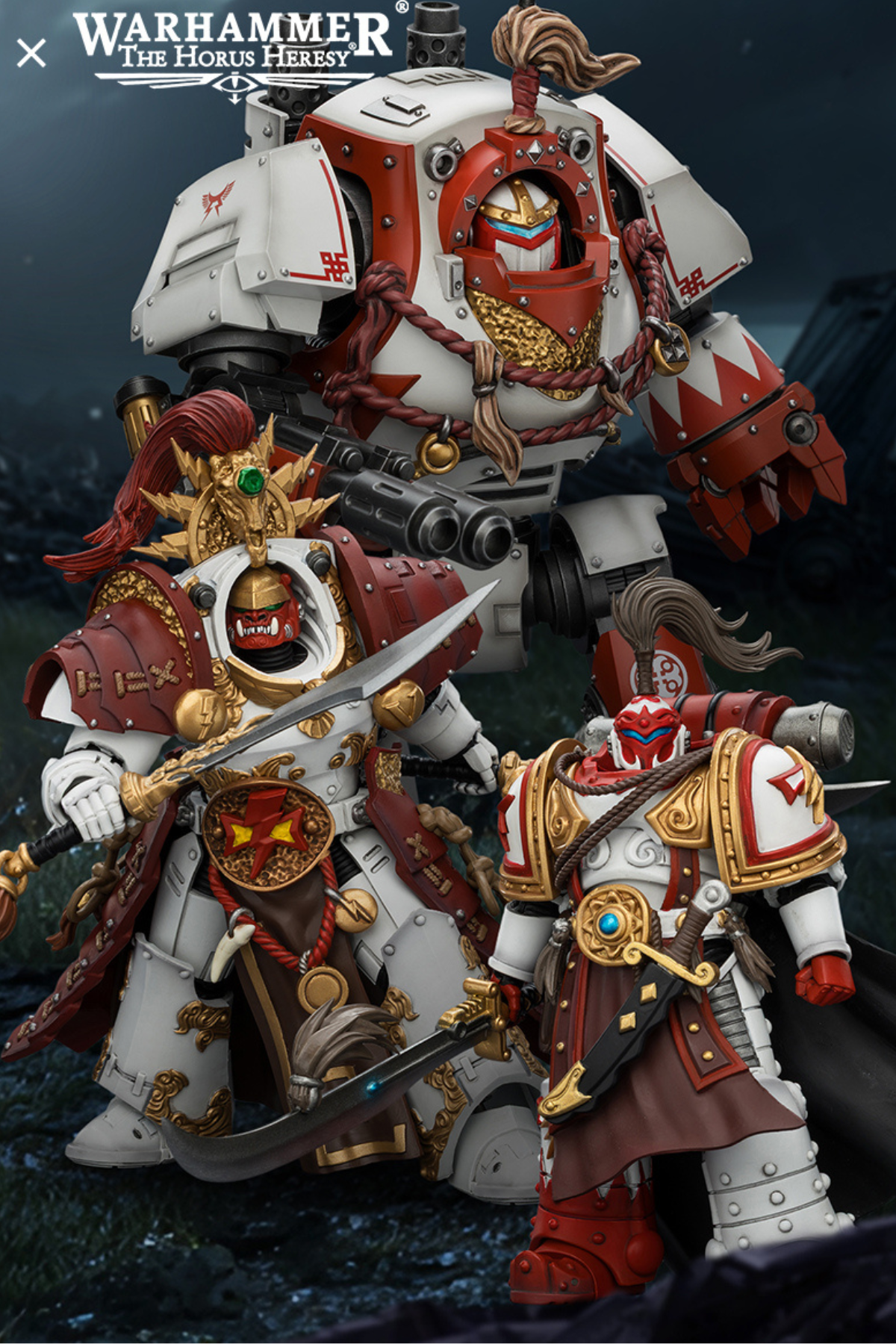 (20 MAR CUTOFF) White Scars Qin Xa & Hibou Khan &Contemptor Dreadnought-Warhammer 40k 1/18 Action Figure By JOYTOY