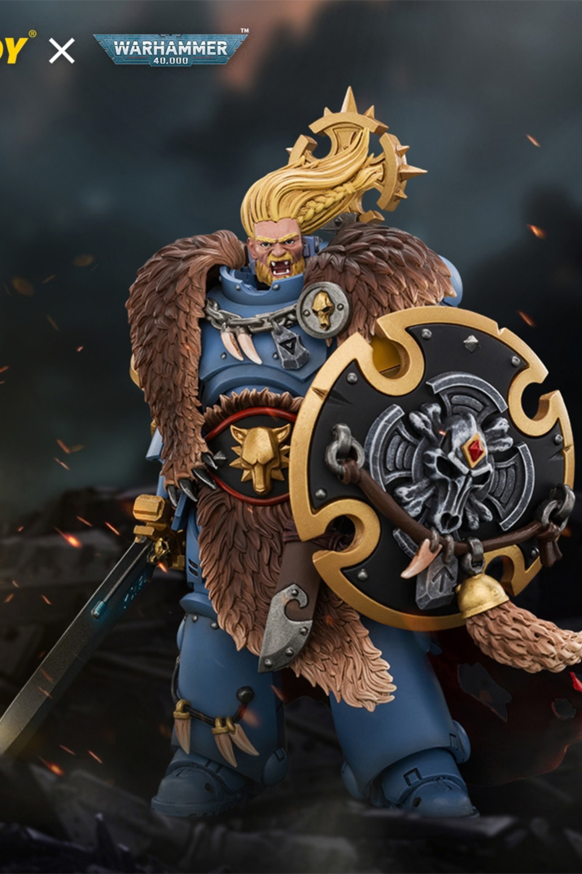 (15/10/2026)Space Wolves Wolf Guard Battle Leader with Master-crafted Power Weapon, Storm Shield, Thunder Hammer,Master-crafted Heavy Bolt Pistol, and Plasma Pistol - Warhammer 40k 1/18 Action Figure By JOYTOY