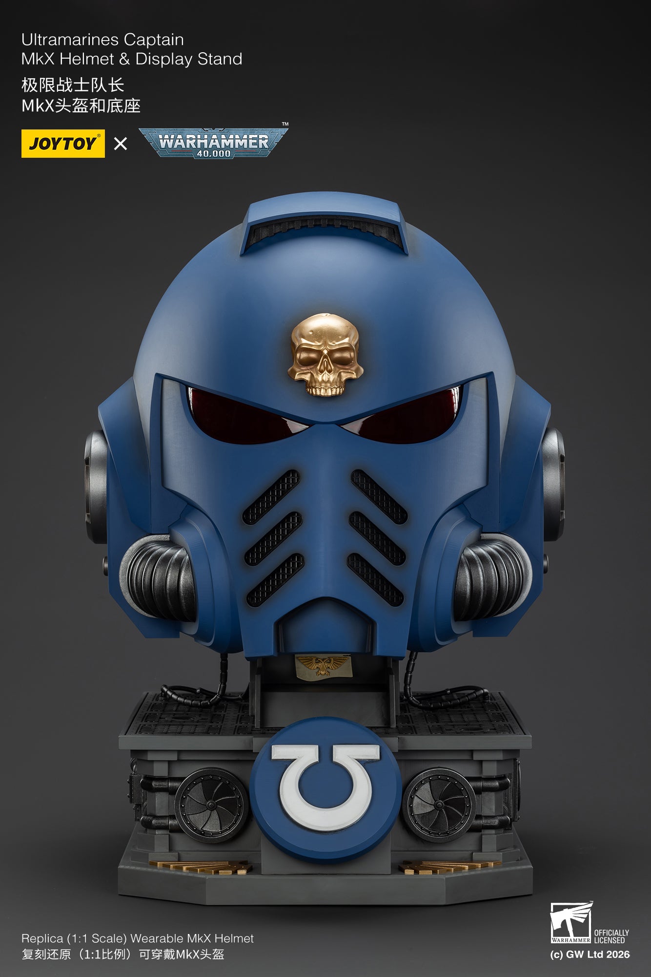 (15 MAR CUTOFF) Ultramarines Captain MkX Helmet & Display Stand- Warhammer 40k 1/1 Action Figure By JOYTOY