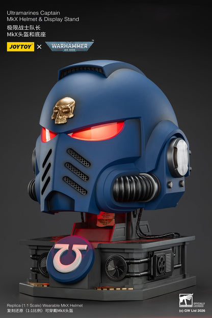 (15 MAR CUTOFF) Ultramarines Captain MkX Helmet & Display Stand- Warhammer 40k 1/1 Action Figure By JOYTOY