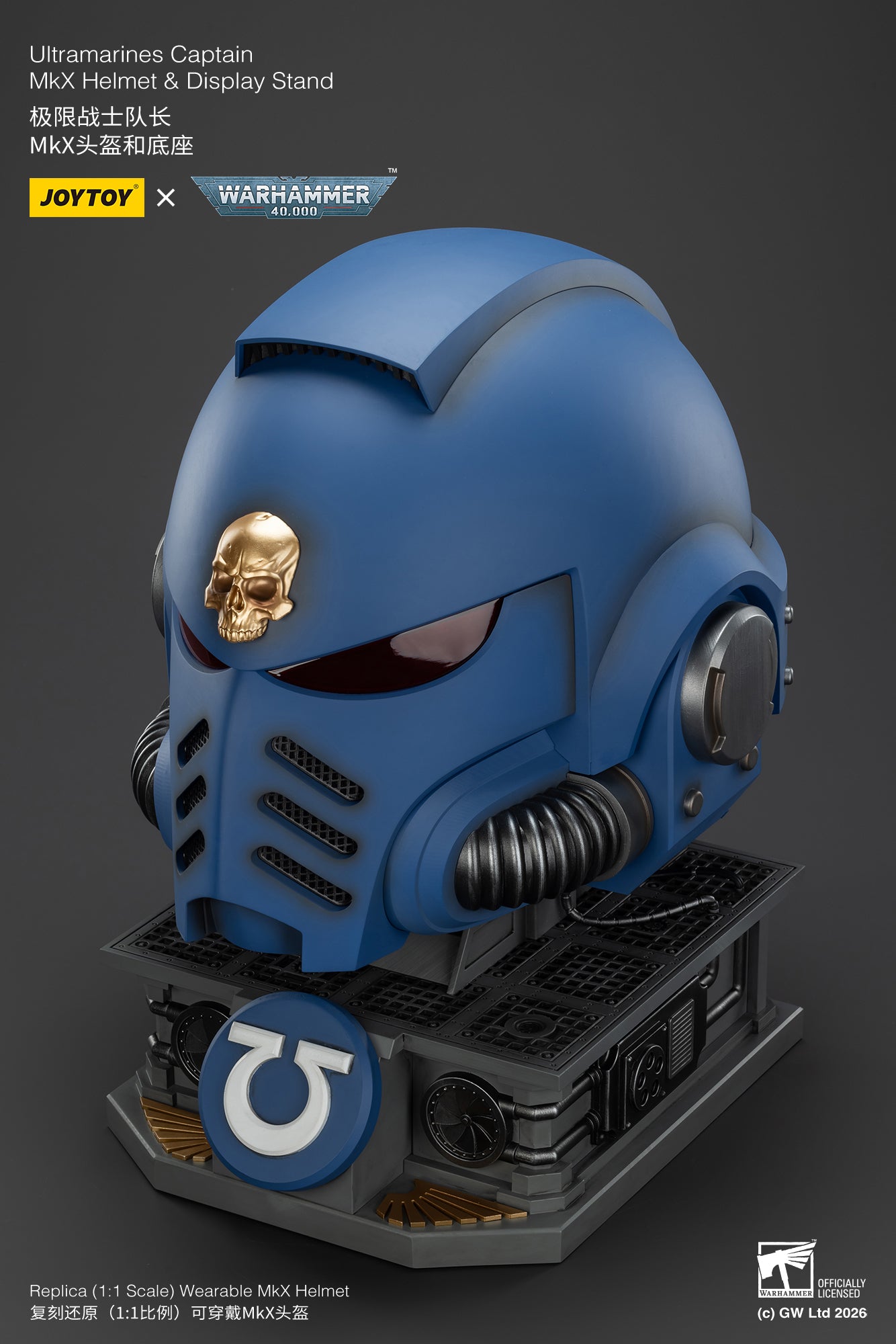 (15 MAR CUTOFF) Ultramarines Captain MkX Helmet & Display Stand- Warhammer 40k 1/1 Action Figure By JOYTOY