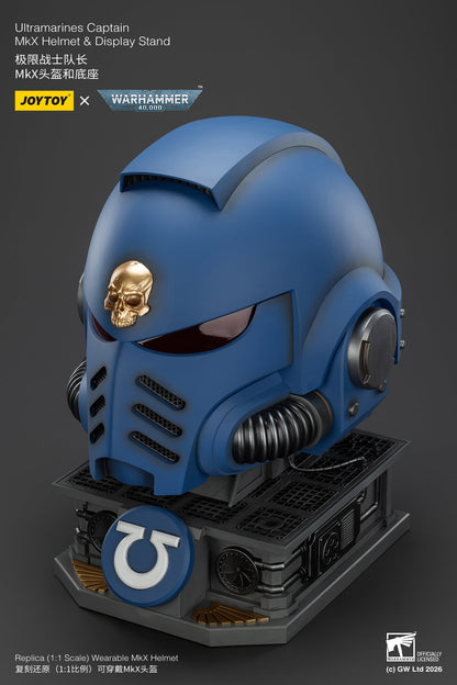 (15 MAR CUTOFF) Ultramarines Captain MkX Helmet & Display Stand- Warhammer 40k 1/1 Action Figure By JOYTOY
