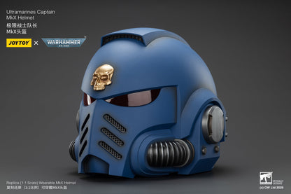 (15 MAR CUTOFF) Ultramarines Captain MkX Helmet & Display Stand- Warhammer 40k 1/1 Action Figure By JOYTOY