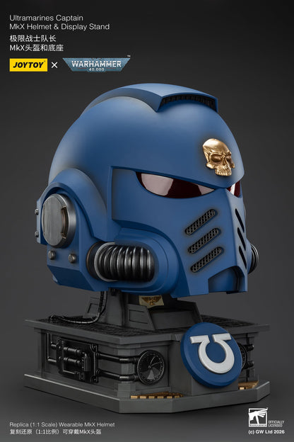 (15 MAR CUTOFF) Ultramarines Captain MkX Helmet & Display Stand- Warhammer 40k 1/1 Action Figure By JOYTOY
