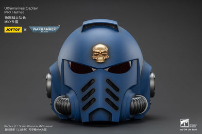 (15 MAR CUTOFF) Ultramarines Captain MkX Helmet & Display Stand- Warhammer 40k 1/1 Action Figure By JOYTOY