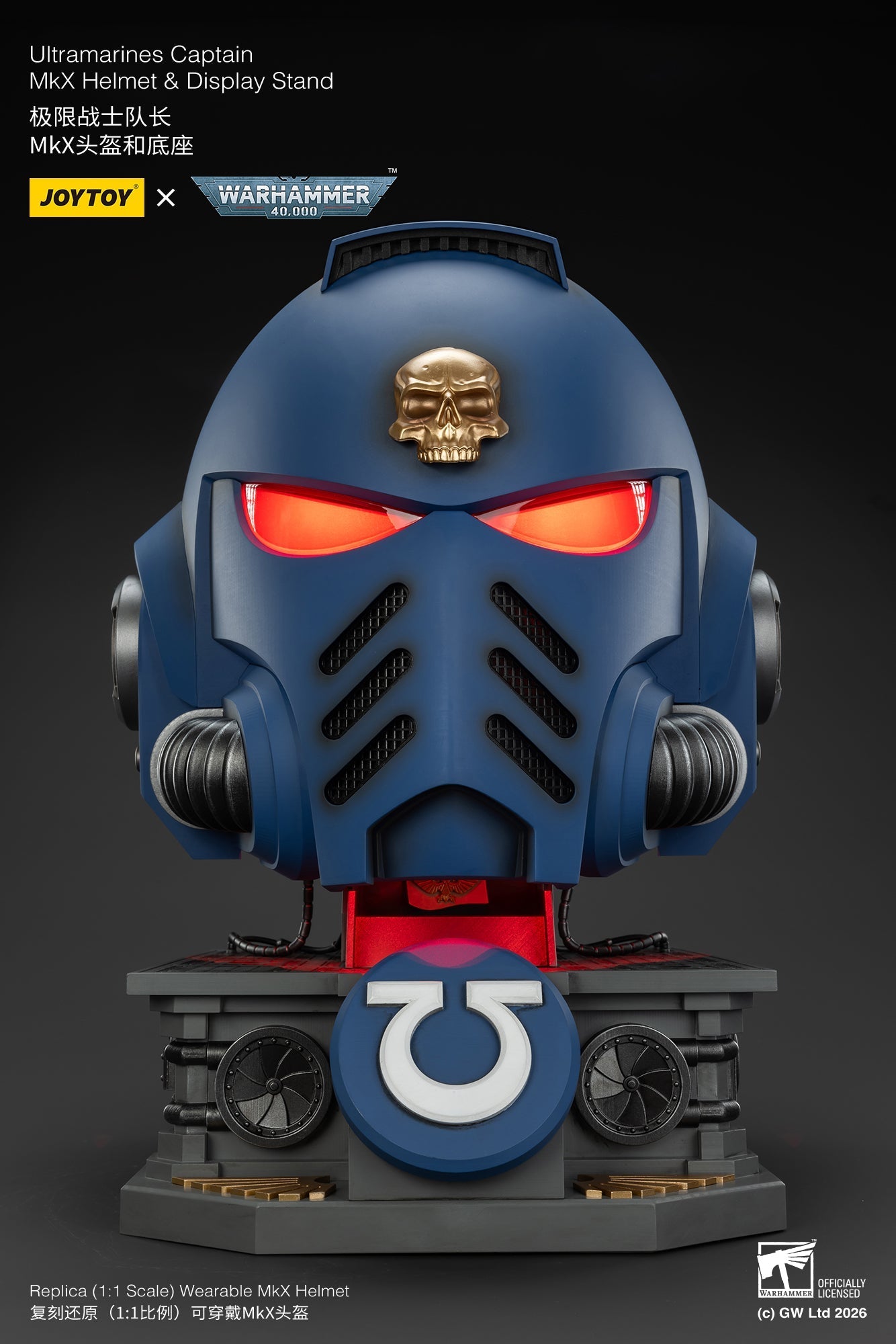 (15 MAR CUTOFF) Ultramarines Captain MkX Helmet & Display Stand- Warhammer 40k 1/1 Action Figure By JOYTOY