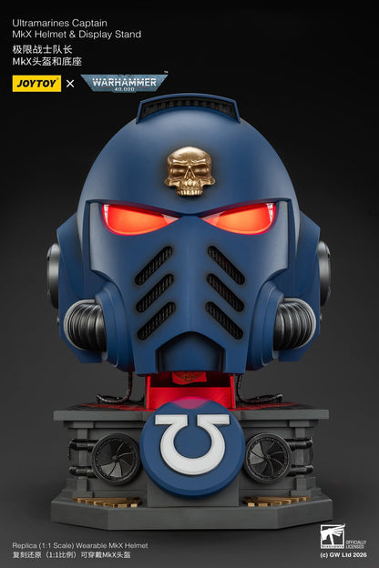 (15 MAR CUTOFF) Ultramarines Captain MkX Helmet & Display Stand- Warhammer 40k 1/1 Action Figure By JOYTOY