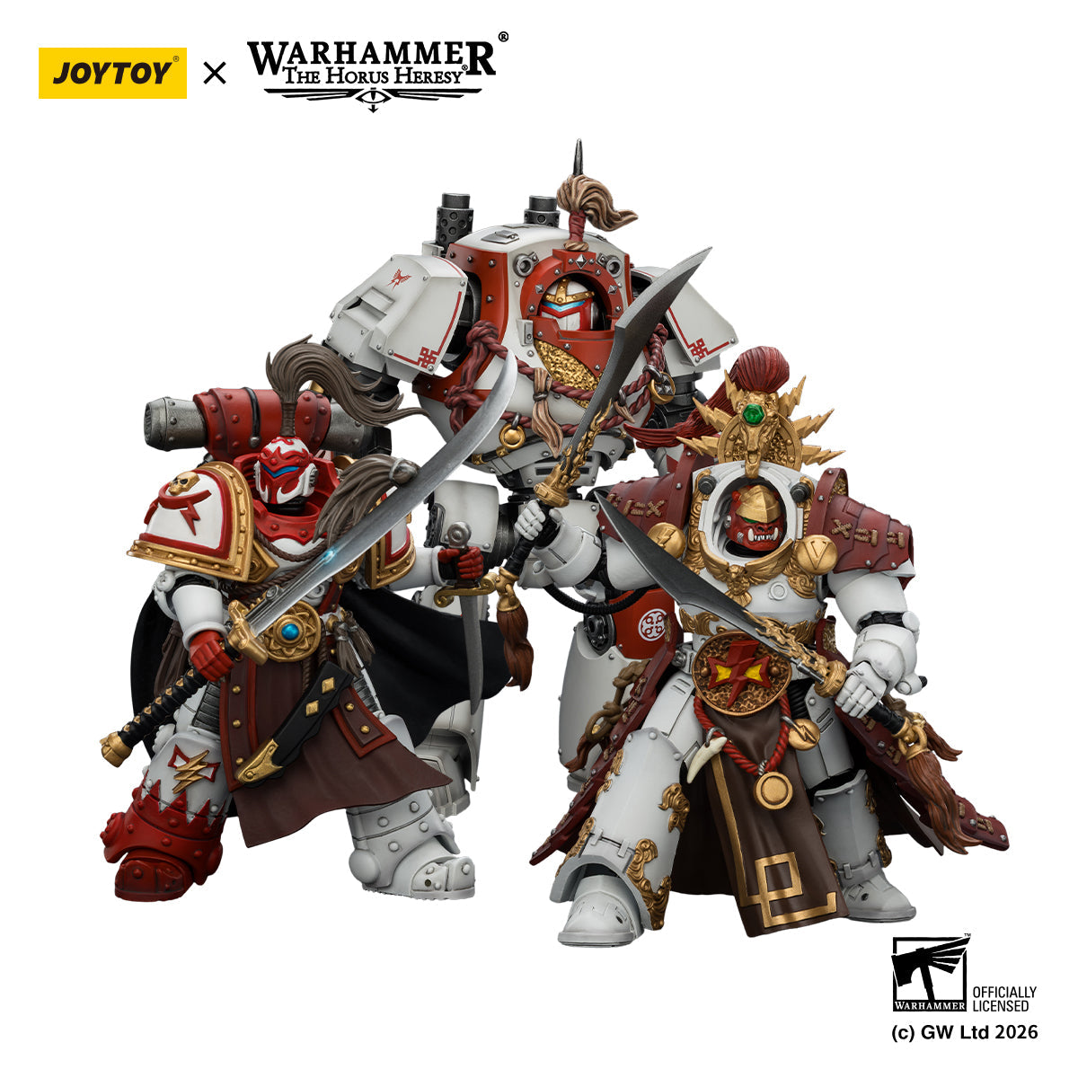(20 MAR CUTOFF) White Scars Qin Xa & Hibou Khan &Contemptor Dreadnought-Warhammer 40k 1/18 Action Figure By JOYTOY
