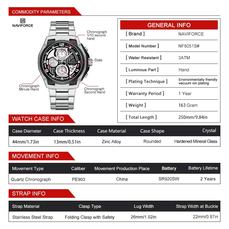 NAVIFORCE Watch 8051S Business Waterproof  Quartz Watch.