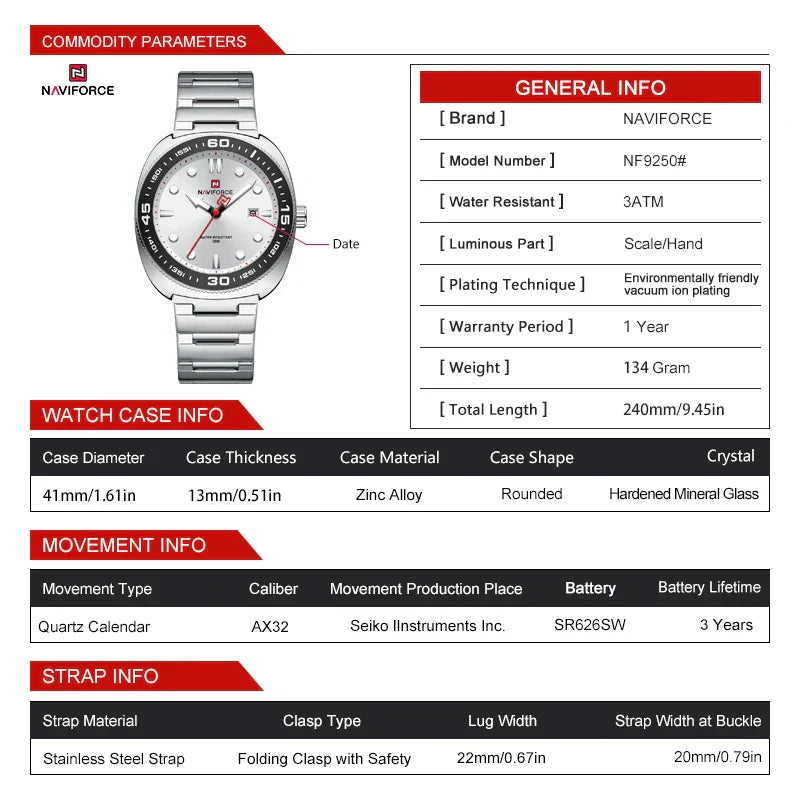 NAVIFORCE Watch 9250 Business Waterproof  Quartz Watch.