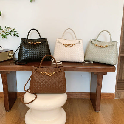 Women's Leather Bag - Metal Cord Braided Shoulder Bag