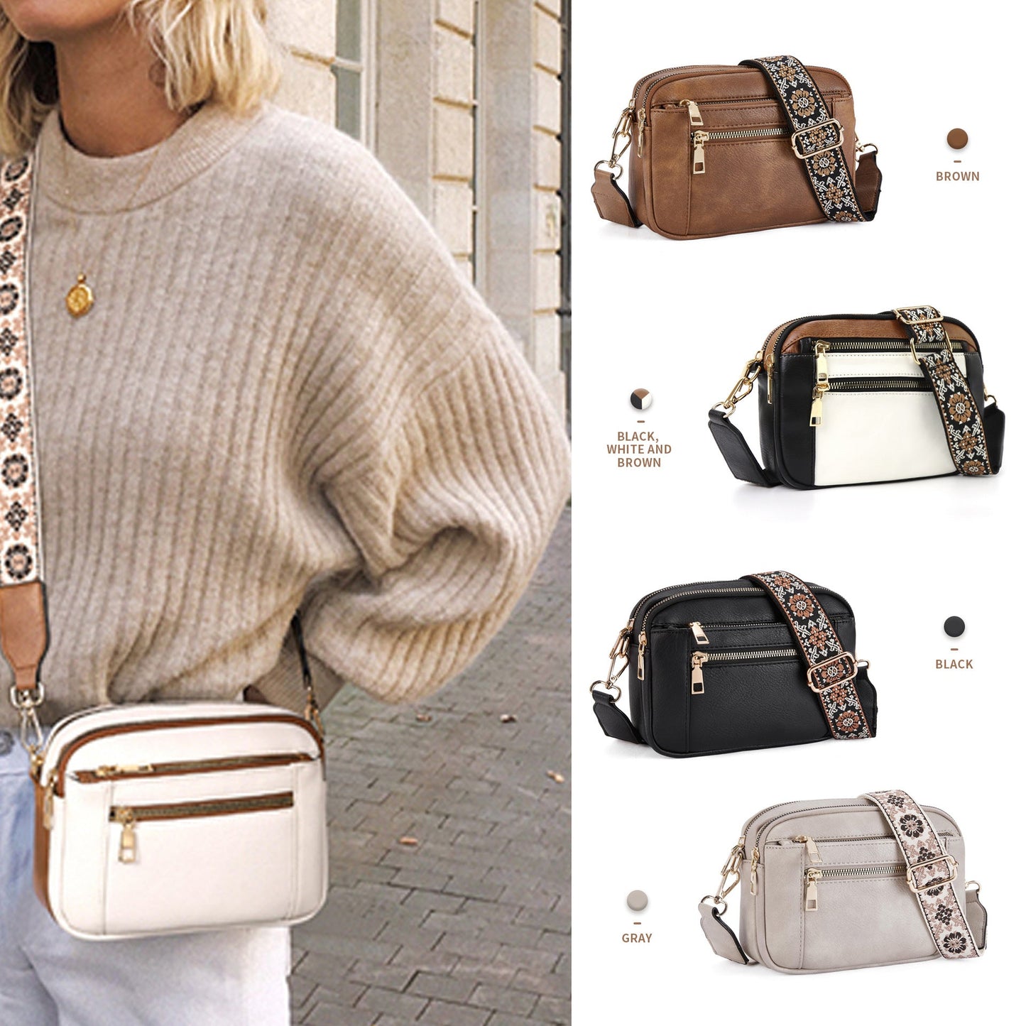 Women's Leather Bag - Color Matching Zipper Bag (12 optional)