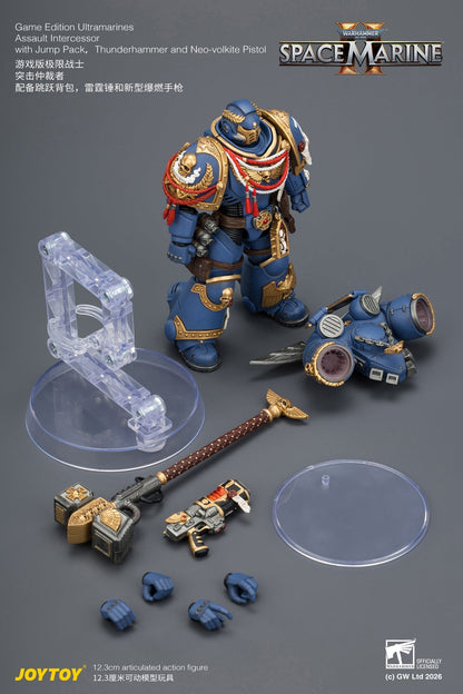 (15/6 CUTOFF)  Game Edition Ultramarines Assault Intercessor  with Jump Pack, Thunderhammer and Neo-volkite Pistol Primarch-Warhammer 40k 1/18 Action Figure By JOYTOY