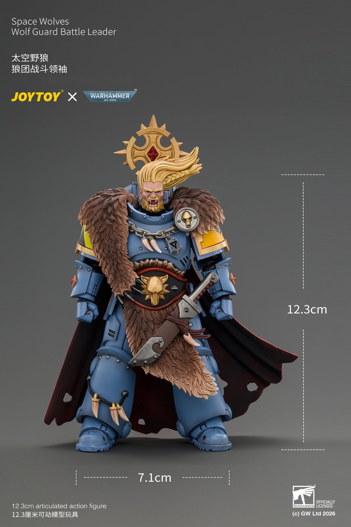 (15/10/2026)Space Wolves Wolf Guard Battle Leader with Master-crafted Power Weapon, Storm Shield, Thunder Hammer,Master-crafted Heavy Bolt Pistol, and Plasma Pistol - Warhammer 40k 1/18 Action Figure By JOYTOY