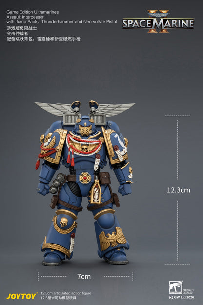 (15/6 CUTOFF)  Game Edition Ultramarines Assault Intercessor  with Jump Pack, Thunderhammer and Neo-volkite Pistol Primarch-Warhammer 40k 1/18 Action Figure By JOYTOY