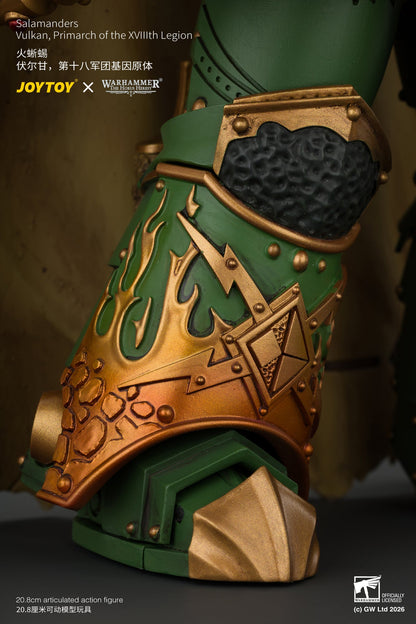 (15/10) Salamanders Vulkan, Primarch of the XVlllth Legion with Dawnbringer, The Furnace's Heart and Dragon's Breath Gauntlet - Warhammer 30k 1/18 Action Figure By JOYTOY