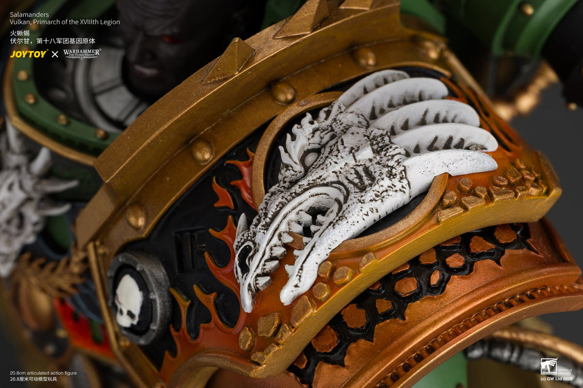 (15/10) Salamanders Vulkan, Primarch of the XVlllth Legion with Dawnbringer, The Furnace's Heart and Dragon's Breath Gauntlet - Warhammer 30k 1/18 Action Figure By JOYTOY