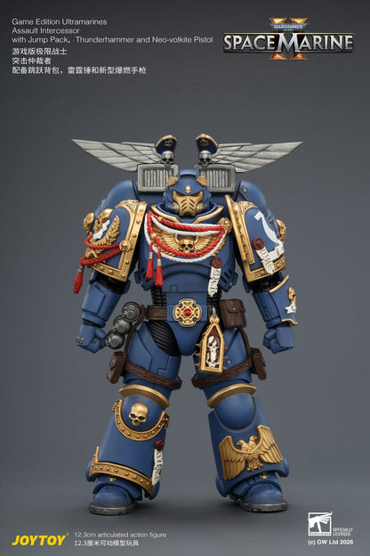 (15/6 CUTOFF)  Game Edition Ultramarines Assault Intercessor  with Jump Pack, Thunderhammer and Neo-volkite Pistol Primarch-Warhammer 40k 1/18 Action Figure By JOYTOY