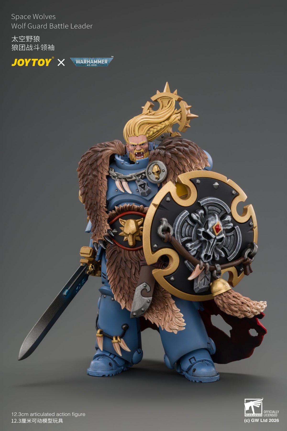 (15/10/2026)Space Wolves Wolf Guard Battle Leader with Master-crafted Power Weapon, Storm Shield, Thunder Hammer,Master-crafted Heavy Bolt Pistol, and Plasma Pistol - Warhammer 40k 1/18 Action Figure By JOYTOY