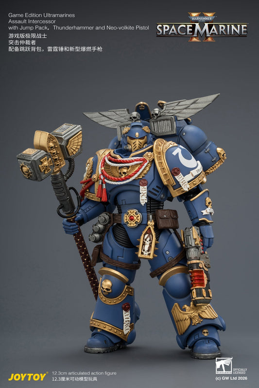 (15/6 CUTOFF)  Game Edition Ultramarines Assault Intercessor  with Jump Pack, Thunderhammer and Neo-volkite Pistol Primarch-Warhammer 40k 1/18 Action Figure By JOYTOY