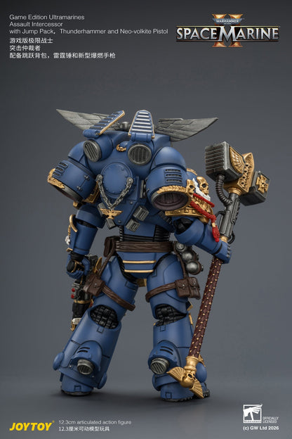 (15/6 CUTOFF)  Game Edition Ultramarines Assault Intercessor  with Jump Pack, Thunderhammer and Neo-volkite Pistol Primarch-Warhammer 40k 1/18 Action Figure By JOYTOY