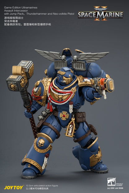 (15/6 CUTOFF)  Game Edition Ultramarines Assault Intercessor  with Jump Pack, Thunderhammer and Neo-volkite Pistol Primarch-Warhammer 40k 1/18 Action Figure By JOYTOY