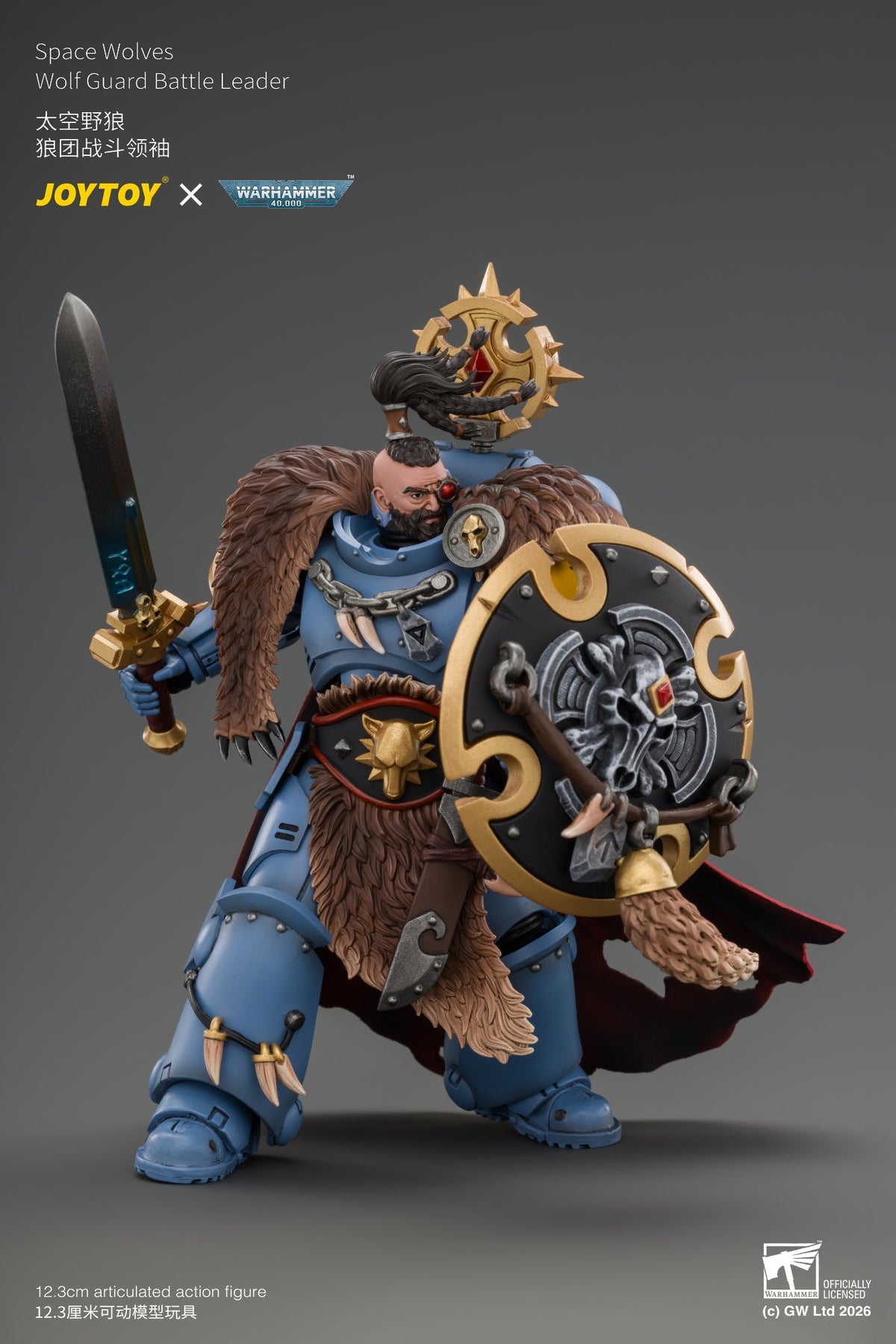 (15/10/2026)Space Wolves Wolf Guard Battle Leader with Master-crafted Power Weapon, Storm Shield, Thunder Hammer,Master-crafted Heavy Bolt Pistol, and Plasma Pistol - Warhammer 40k 1/18 Action Figure By JOYTOY