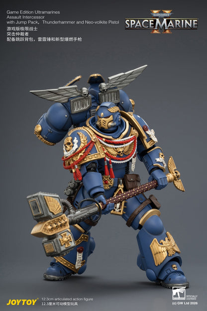 (15/6 CUTOFF)  Game Edition Ultramarines Assault Intercessor  with Jump Pack, Thunderhammer and Neo-volkite Pistol Primarch-Warhammer 40k 1/18 Action Figure By JOYTOY