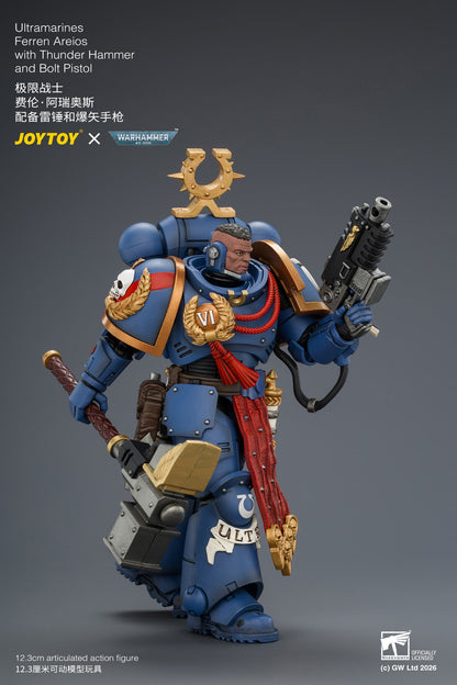 (8/8) Ultramarines Ferren Areios with Thunder Hammer and Bolt Pistol - Warhammer 40k 1/18 Action Figure By JOYTOY