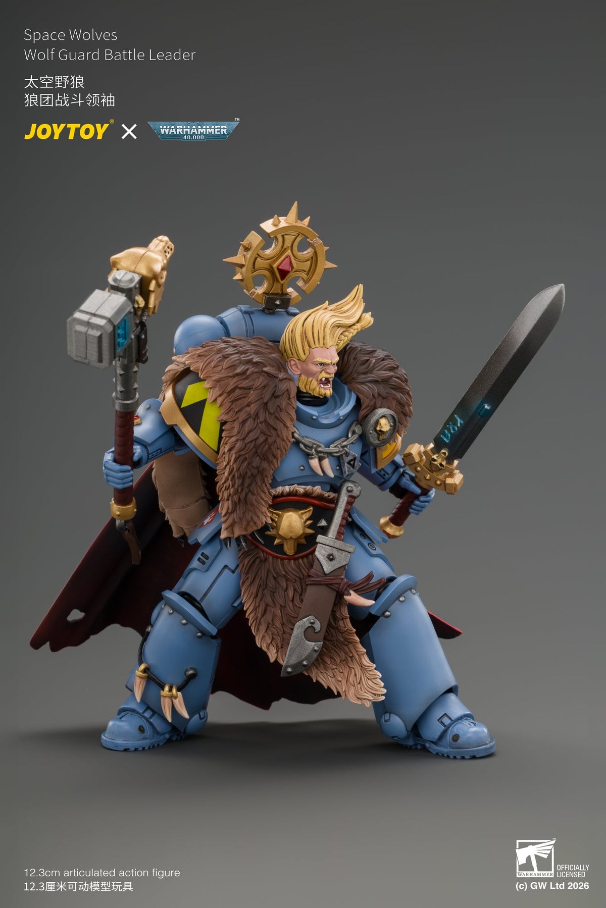 (15/10/2026)Space Wolves Wolf Guard Battle Leader with Master-crafted Power Weapon, Storm Shield, Thunder Hammer,Master-crafted Heavy Bolt Pistol, and Plasma Pistol - Warhammer 40k 1/18 Action Figure By JOYTOY