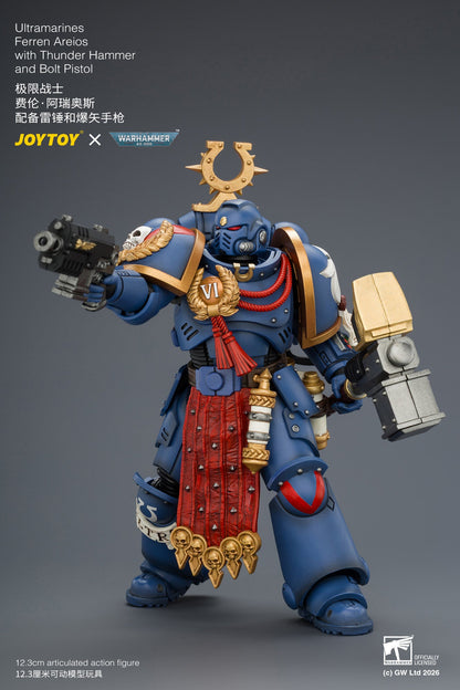 (8/8) Ultramarines Ferren Areios with Thunder Hammer and Bolt Pistol - Warhammer 40k 1/18 Action Figure By JOYTOY