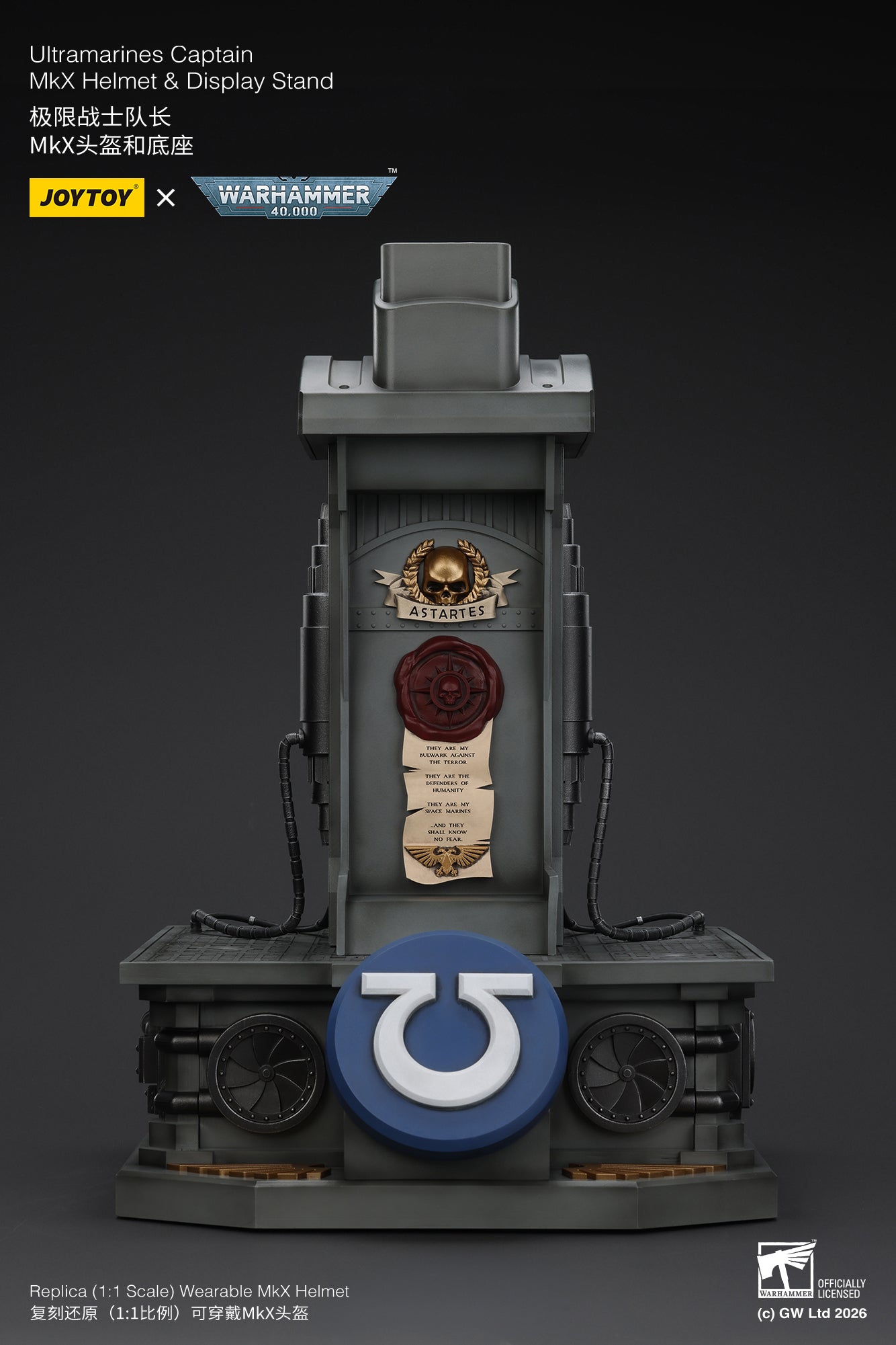(15 MAR CUTOFF) Ultramarines Captain MkX Helmet & Display Stand- Warhammer 40k 1/1 Action Figure By JOYTOY